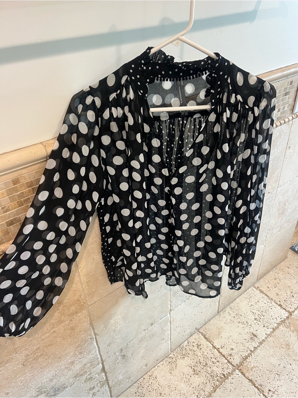 Anthropologie Black and White Polka Dot Sheer Peasant Blouse
